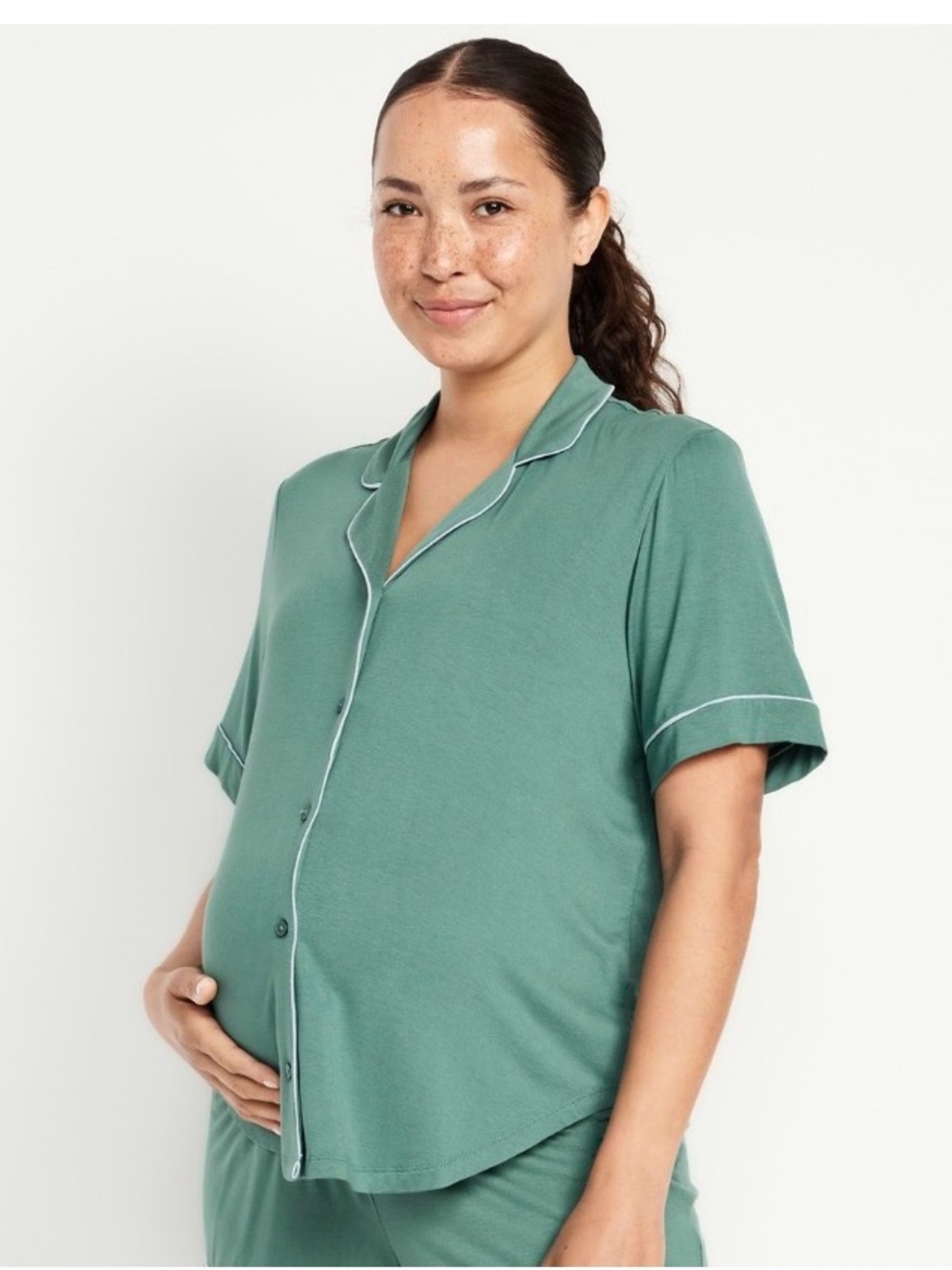 Maternity Short Sleeve Button-Front Pajama Top in Sage Green